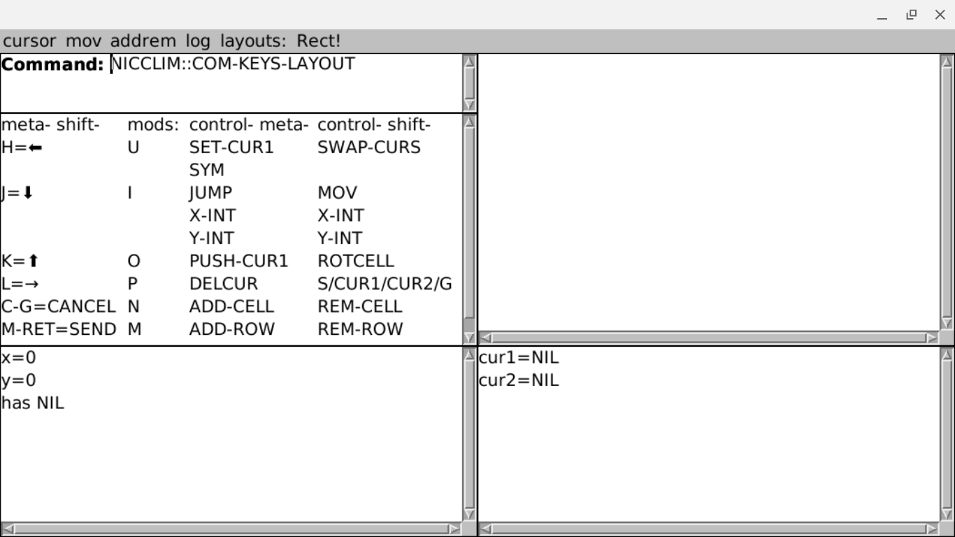 A McCLIM application frame showing the hotkeys/commands layout in a pane on the right. The map pane is empty. A command indicates this is NICCLIM::COM-KEYS-LAYOUT. A McCLIM application frame showing the hotkeys/commands layout in a pane on the right. The map pane is empty. A command indicates this is NICCLIM::COM-KEYS-LAYOUT.