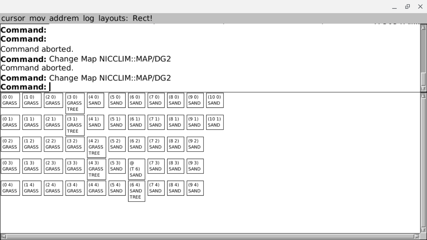 A "map view" NicCLIM layout showing a detailed, concatenated, mutated set of rectangles map with trees scattered at the edge of a desert. The command: Change Map NICCLIM::MAP/DG2 has been run. A "map view" NicCLIM layout showing a detailed, concatenated, mutated set of rectangles map with trees scattered at the edge of a desert. The command: Change Map NICCLIM::MAP/DG2 has been run.