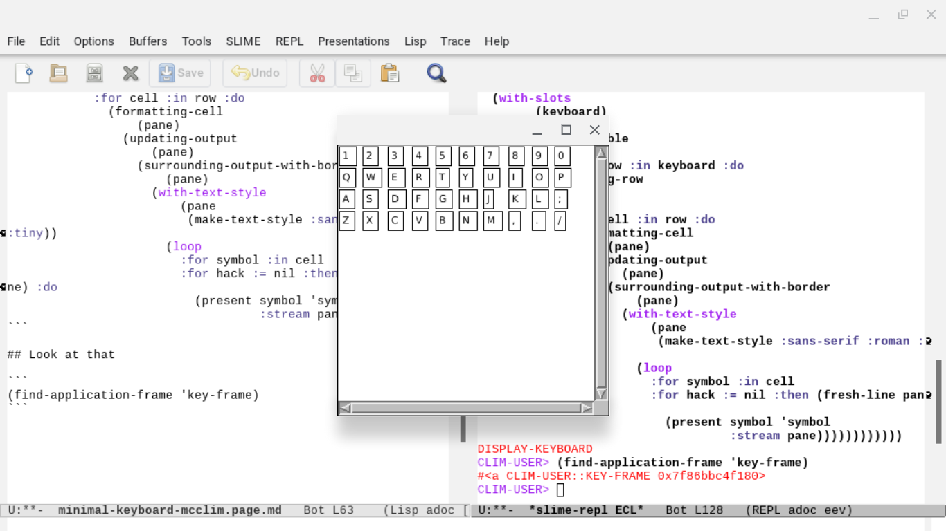 Simple keyboard window screenshot, but with the article being written in emacs behind it, the repl compiling and running it on the right side.