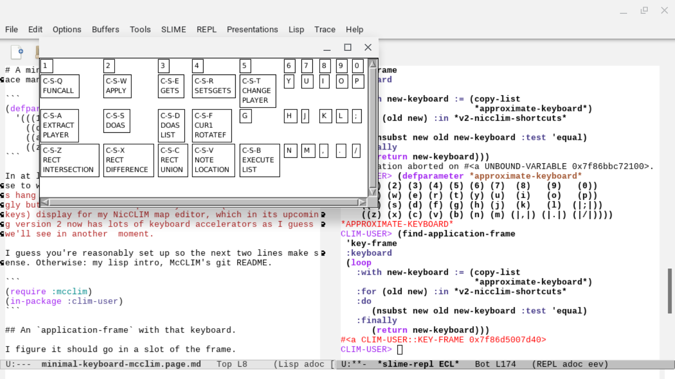 Nsubsted keyboard table window screenshot, but with the article being written in emacs behind it, the repl compiling and running it on the right side.