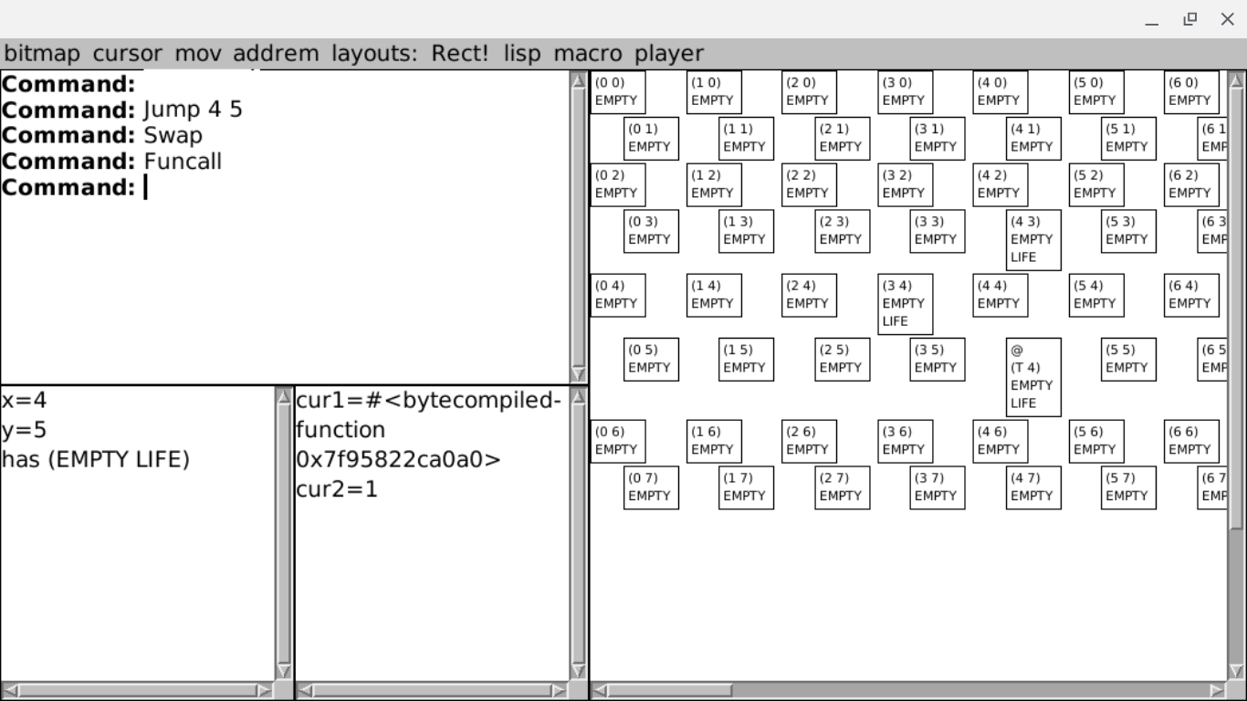 A NicCLIM McCLIM application frame with a wonky hextille map of boxes on the right which contain EMPTY and LIFE. In the command interactor, it appears that cur1, a bytecompiled-function has been funcalled on the current cell, resulting the number 1 for 'LIFE'. A NicCLIM McCLIM application frame with a wonky hextille map of boxes on the right which contain EMPTY and LIFE. In the command interactor, it appears that cur1, a bytecompiled-function has been funcalled on the current cell, resulting the number 1 for 'LIFE'.