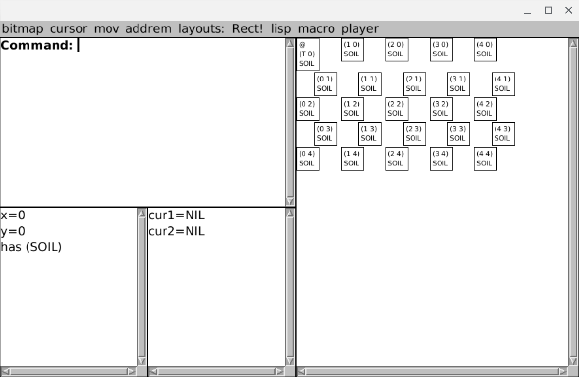 A NicCLIM Game Map Editor McCLIM application-frame (i.e. software GUI window) with 5x5 hextille filled with SOIL on the right half, and an interactor, some menus and some informational panes on the left half with not much happening