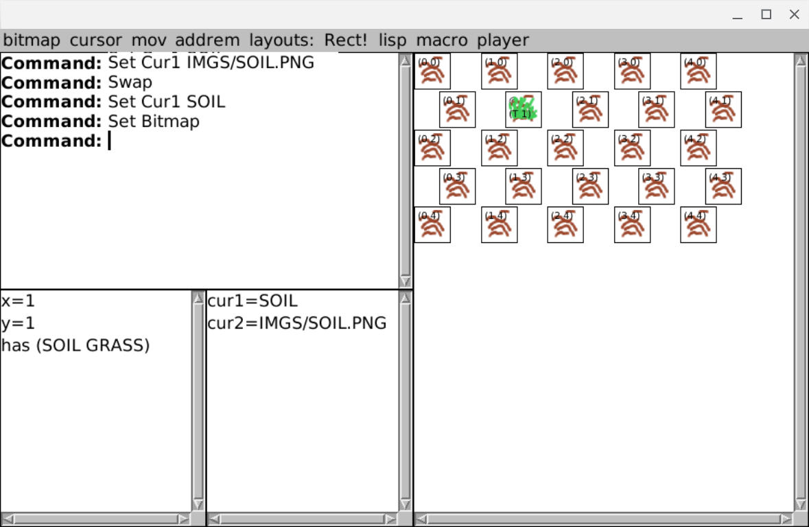 The map symbol SOIL has changed to some brown squiggles in the hextille grid, and there is one green GRASS squiggle overlaid at position 1-1 (in the fourth quadrant as normal)