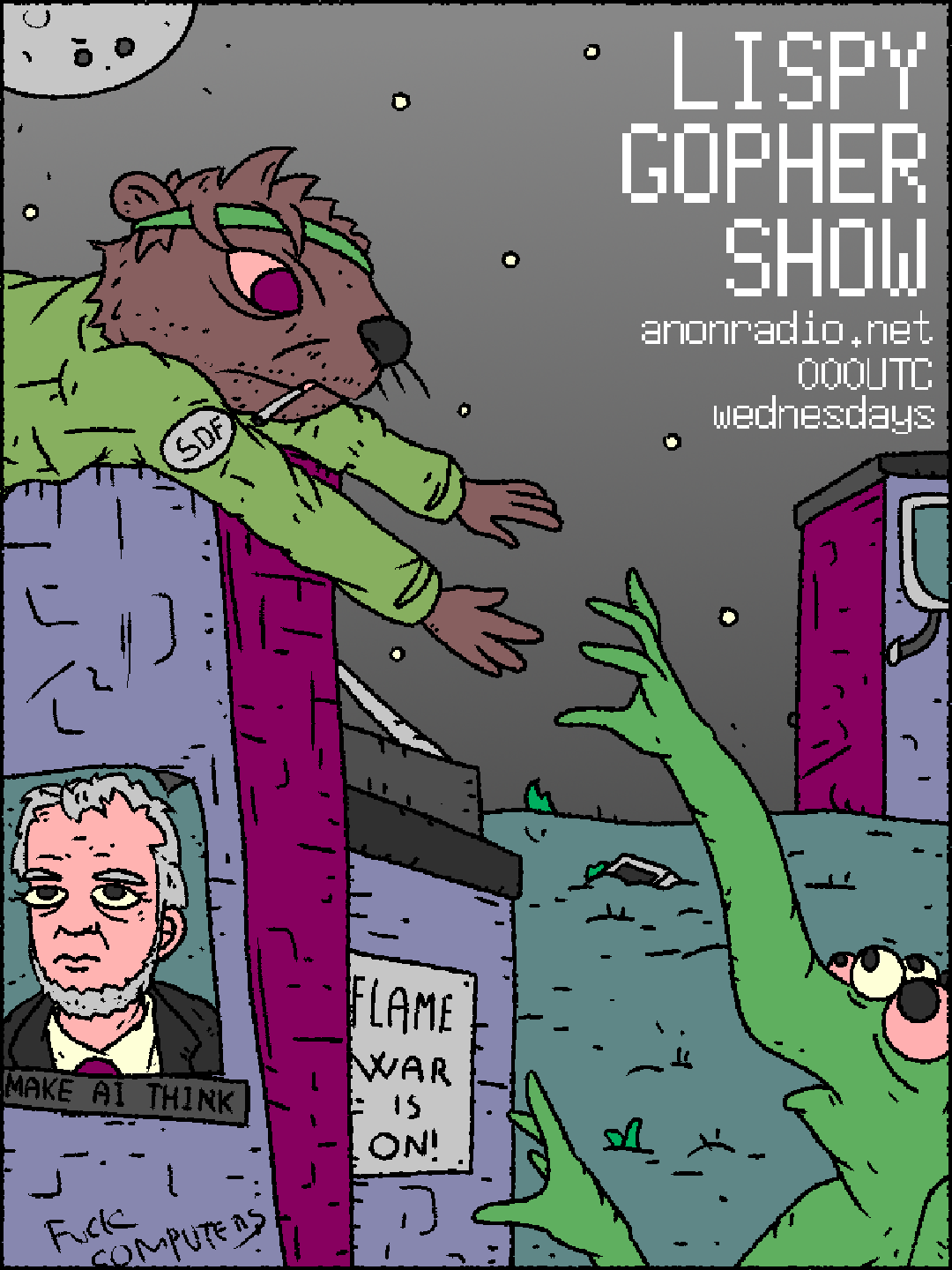 Lispy gopher Sandewall show banner. The gopher reaches down to the lisp alien's nose-hand from atop a building under moonlight and stars. The building has a picture of Erik Sandewall with MAKE AI THINK written on it. Some weekly show details.